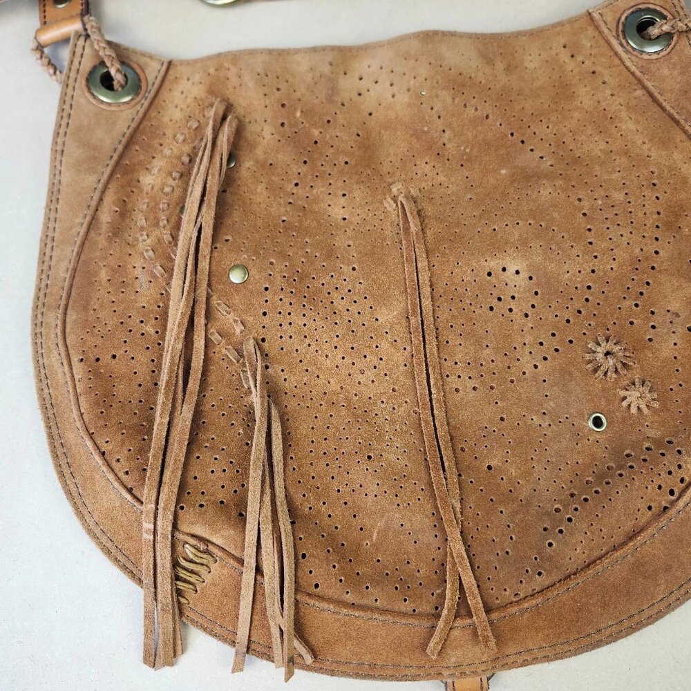 Lucky Brand Suede Hobo w/Fringe Brass Hardware Boho 13x16 Large - Picture 2 of 16